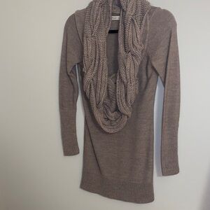 Cozy Taupe Knit Sweater Dress with Infinity Scarf